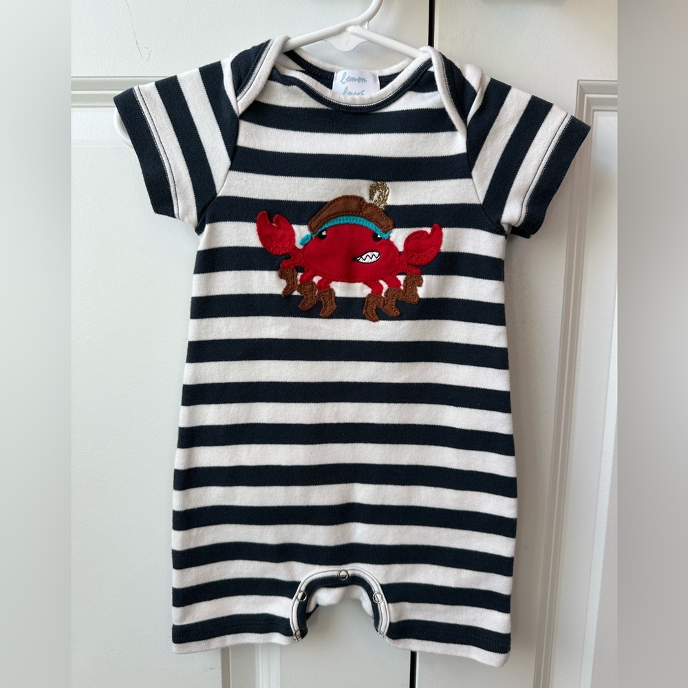 Lemon Loves Layette Striped Crab Romper (Size 6-12 Months)